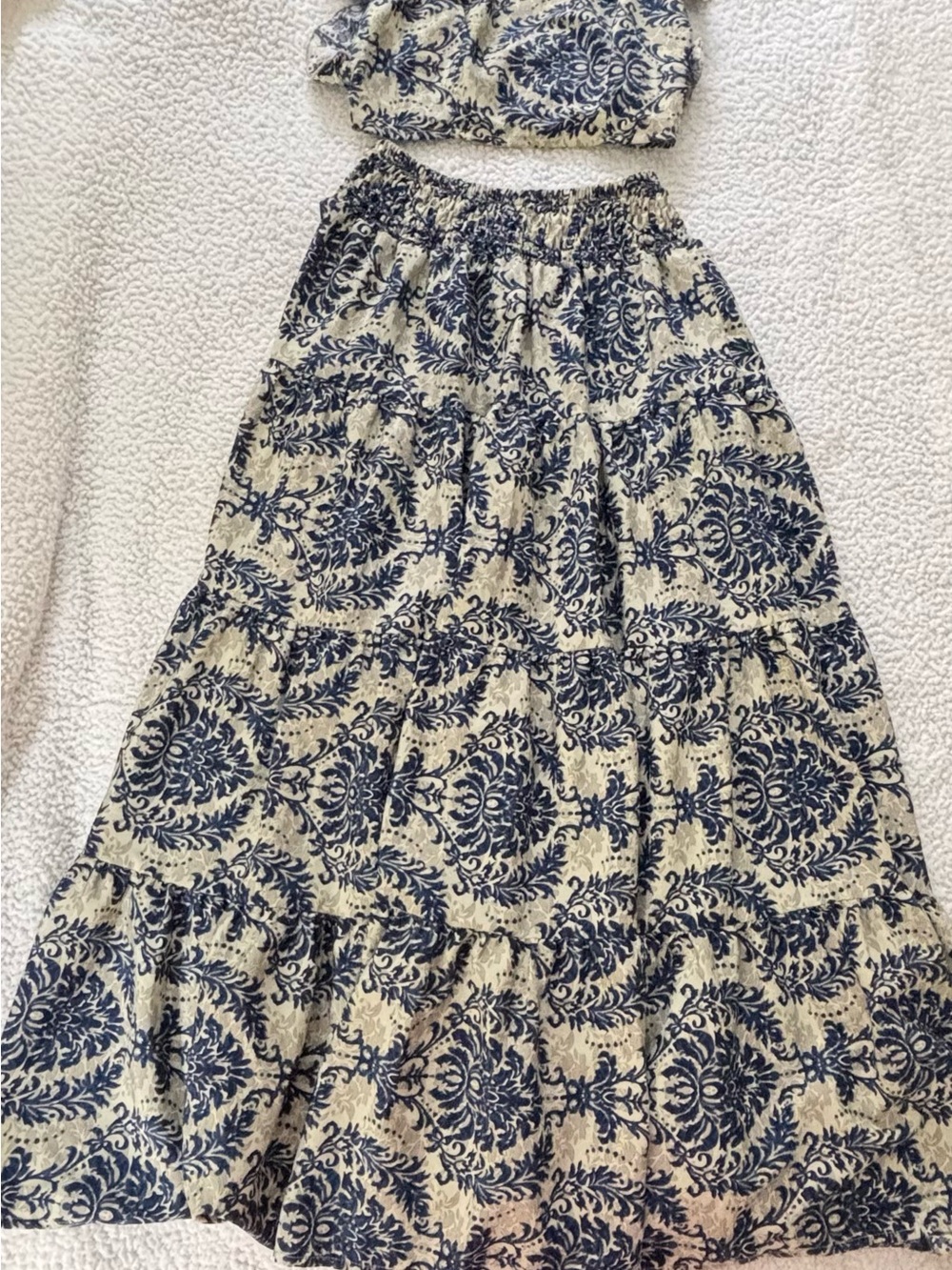 Boho Maxi Skirt in Navy and Cream - Tiered Printed Skirt